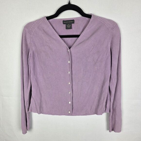 Banana Republic Pink Ribbed Silk Cropped Button Up Cardigan Sweater Medium - Picture 1 of 5